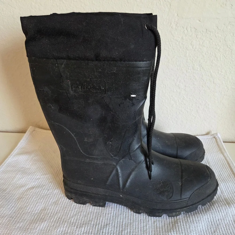 Cabelas Mens Black Rubber Waterproof Hunting Rain Boots Size 11 Tall Drawstring